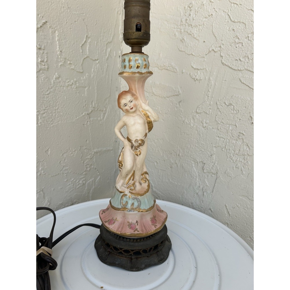 Automax Ny Mid Century cherub figure Porcelain Table Lamp Hand Painted